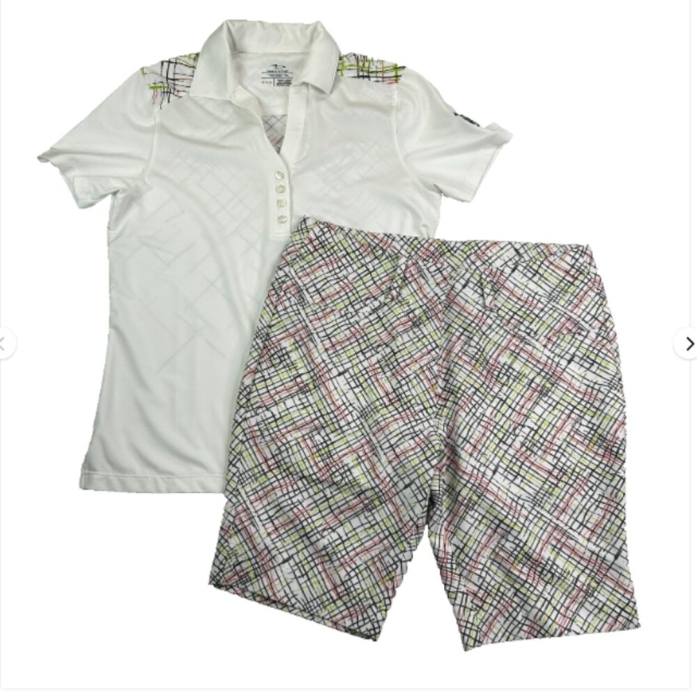 Page & Tuttle Women’s Golf 2 Piece Set White Polo Shirt Bermuda Shorts Abstract